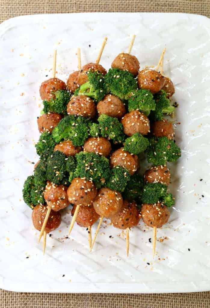 meatball and broccoli kabobs on platter