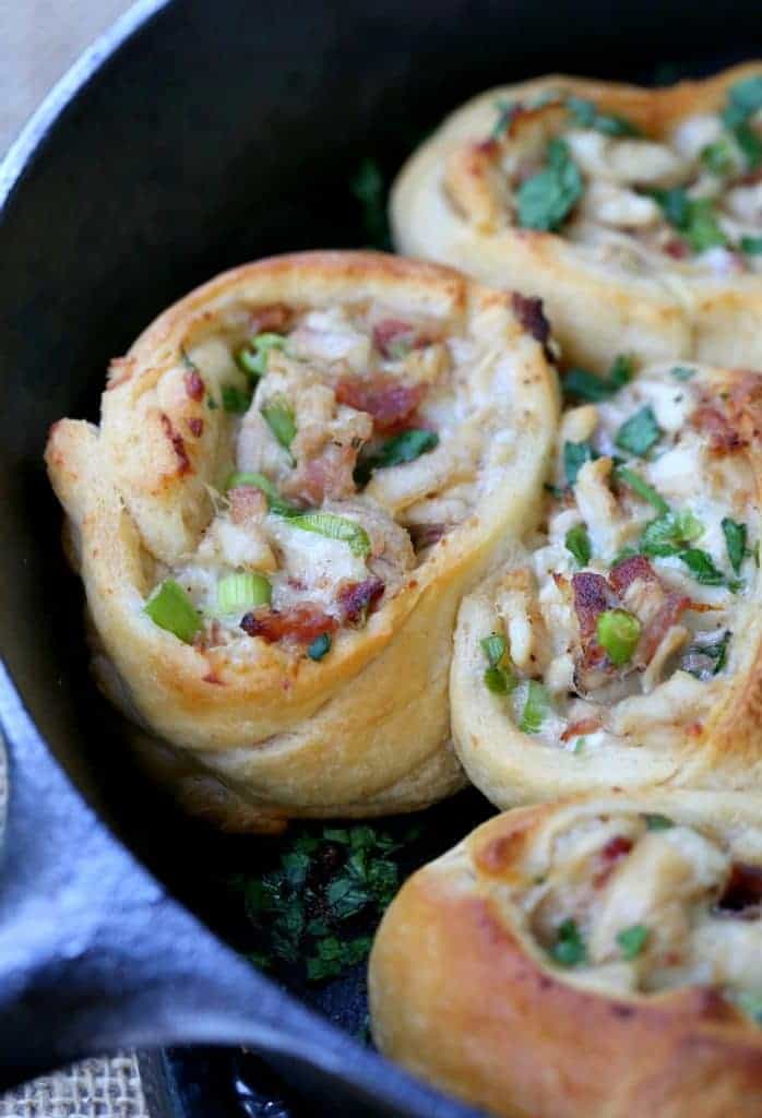 bacon ranch chicken rolls in a skillet