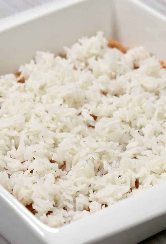 Beef Burrito Dip gets a layer of rice.