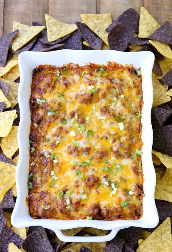 Layered Beef Burrito Layered Dip has layers of beef, beans, rice and cheese!