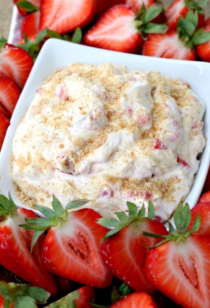 No bake strawberry shortcake dip with strawberries for dipping