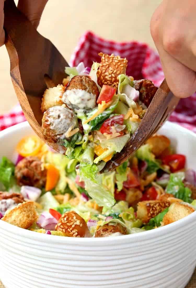 Cheeseburger Salad with Dill Pickle Dressing is what I call a fun dinner!