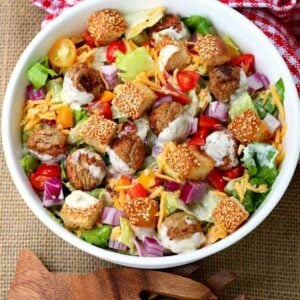 Cheeseburger Chopped Salad with Dill Pickle Dressing is a salad that's hearty enough for dinner!