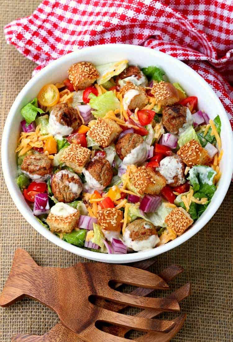 Cheeseburger Salad with Dill Pickle Dressing is a salad that's hearty enough for dinner!