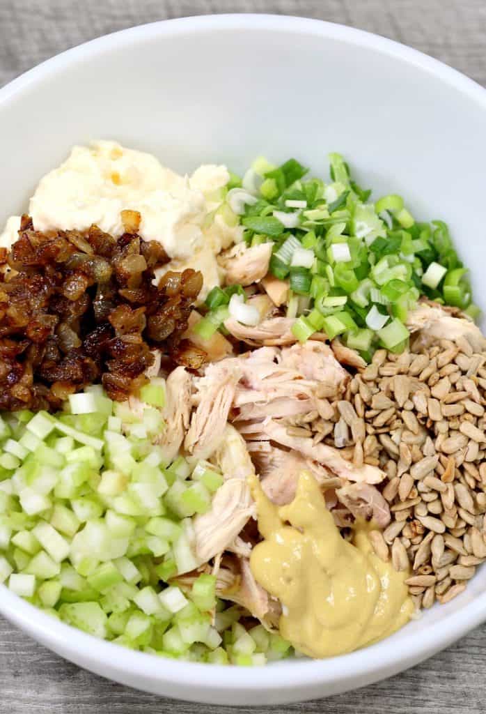 Caramelized Onions Chicken Salad, ingredients in a bowl