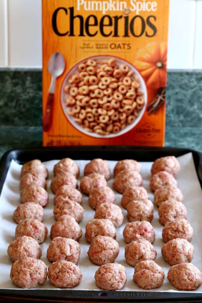 Pumpkin Glazed Cocktail Meatballs are a baked meatball recipe with cheerio breadcrumbs