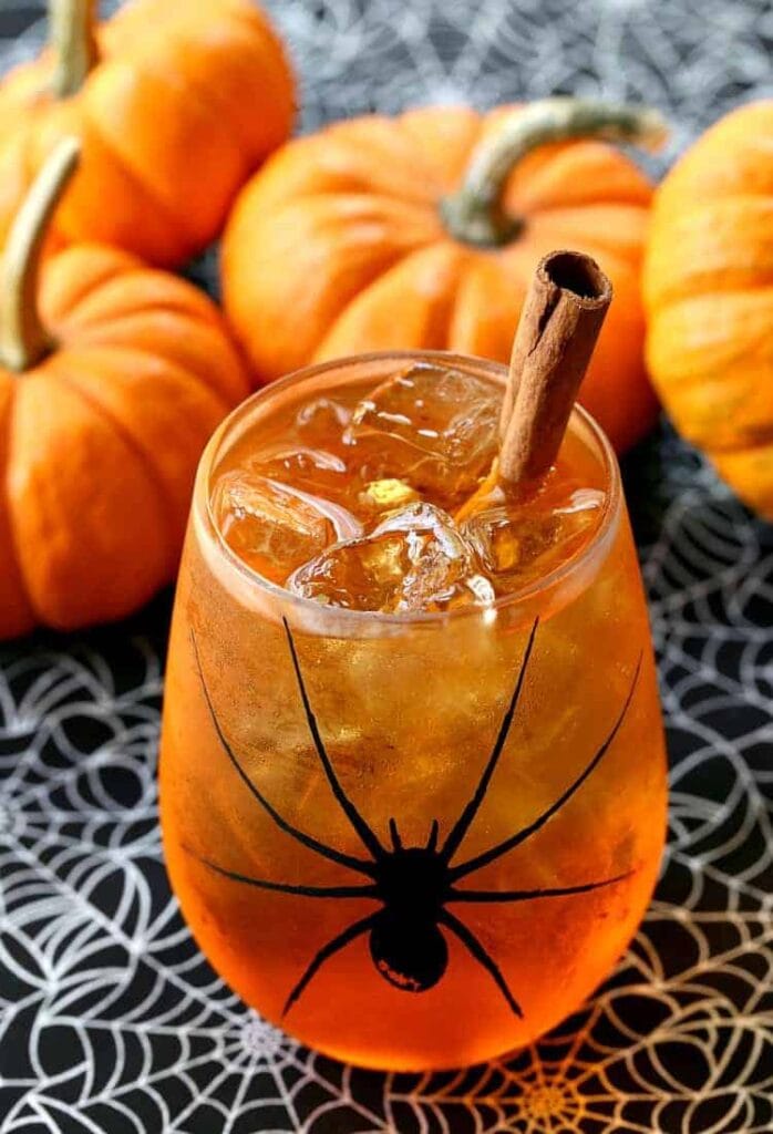 Pumpkin Spice Wine Spritzer in glass with cinnamon stick