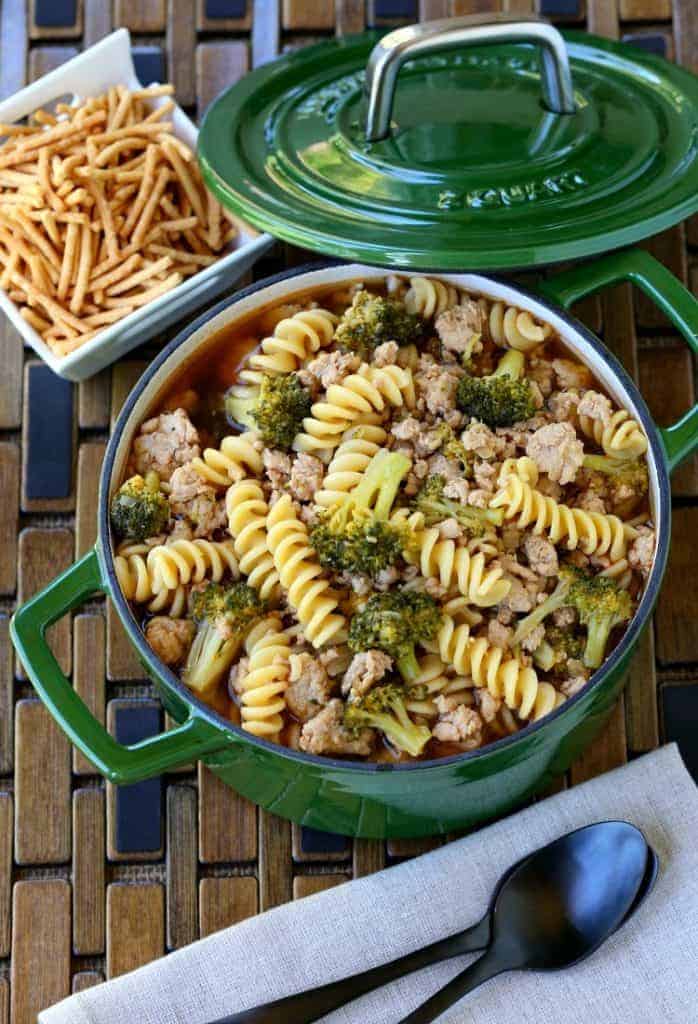 Chicken and Broccoli Soup in a pot with crunchy noodles