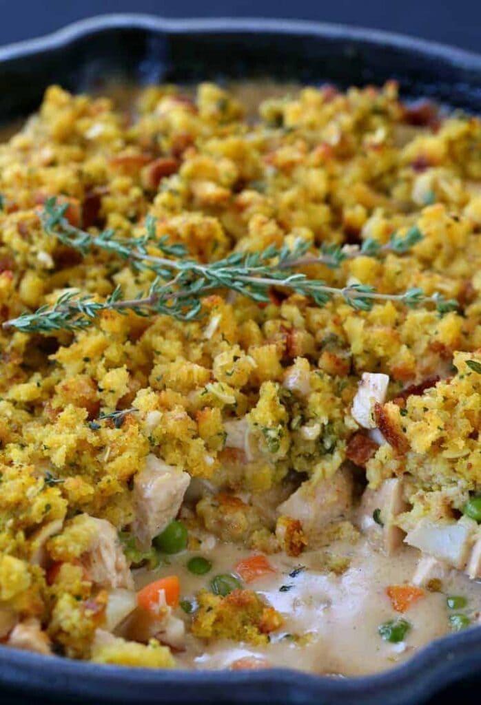 Skillet Chicken Pot Pie with Cornbread Topping easier by using store bought rotisserie chicken