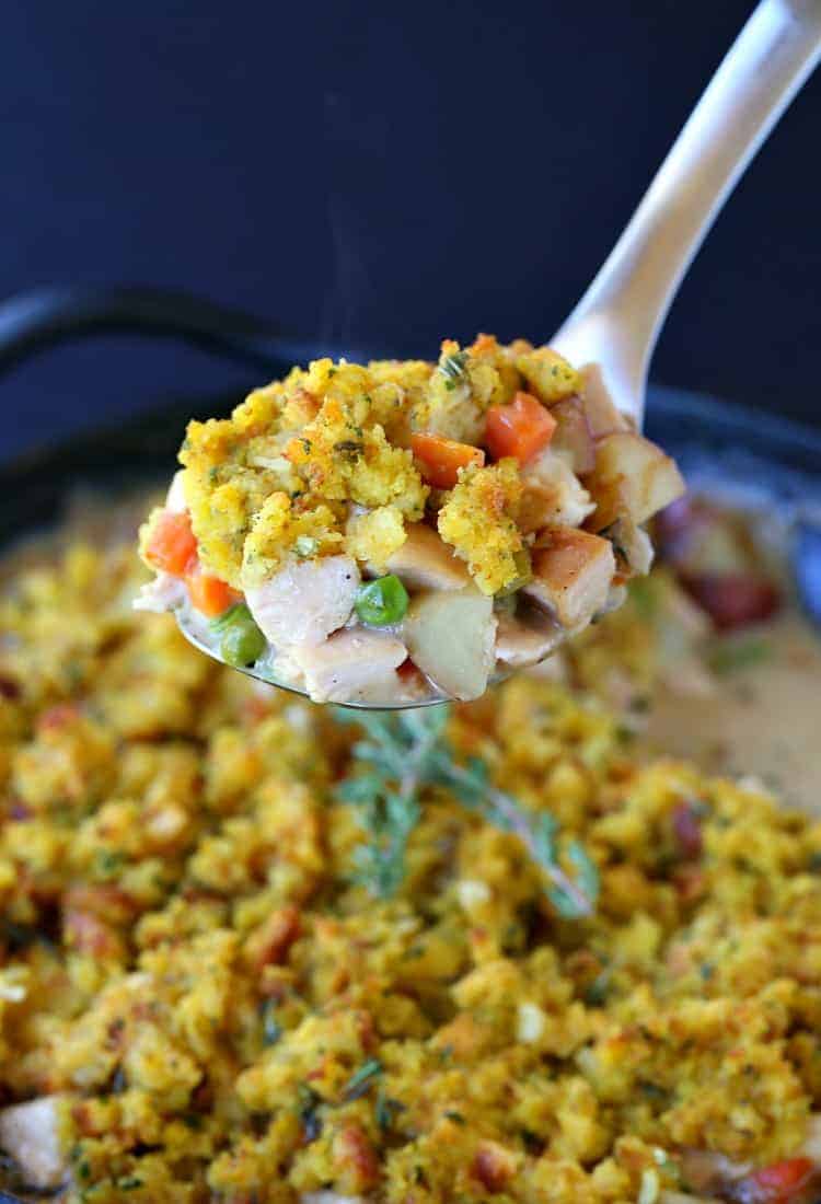 Skillet Chicken Pot Pie with a spoon