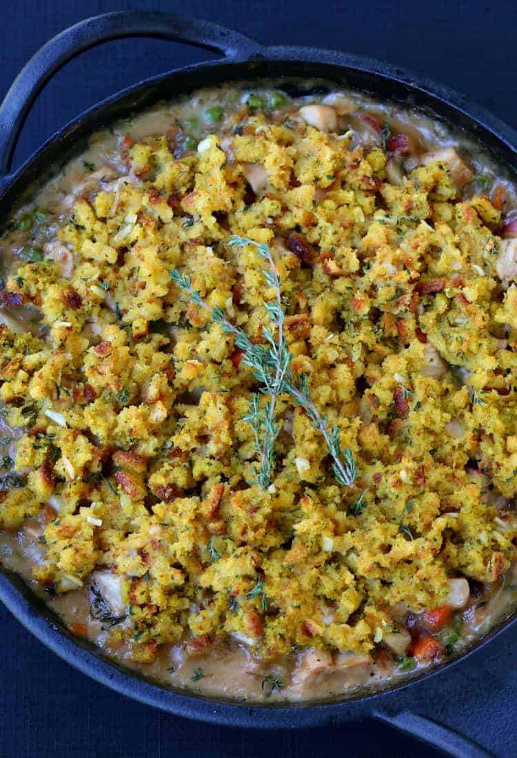 Skillet Chicken Pot Pie with Cornbread Topping A One Skillet Dinner