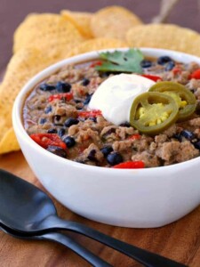 This White Turkey Ranch Chili can be eaten as is or, as our kids like, spooned up with chips!