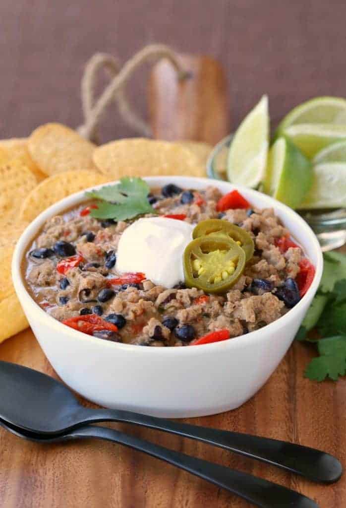 Ranch Turkey Chili in bowl with spoons