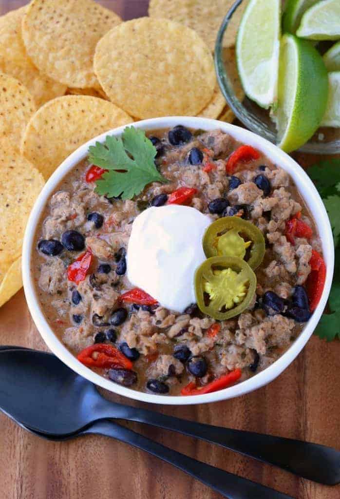 Ranch Turkey Chili in a bowl with chips