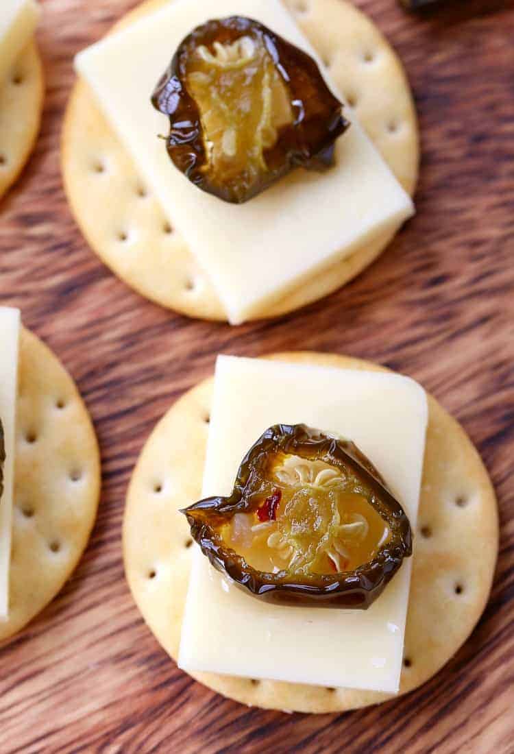 Candied Jalapeños on crackers with cheese