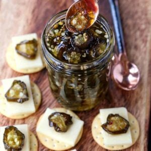 These Beer Glazed Candied Jalapeños are the perfect addition to a cheese plate!