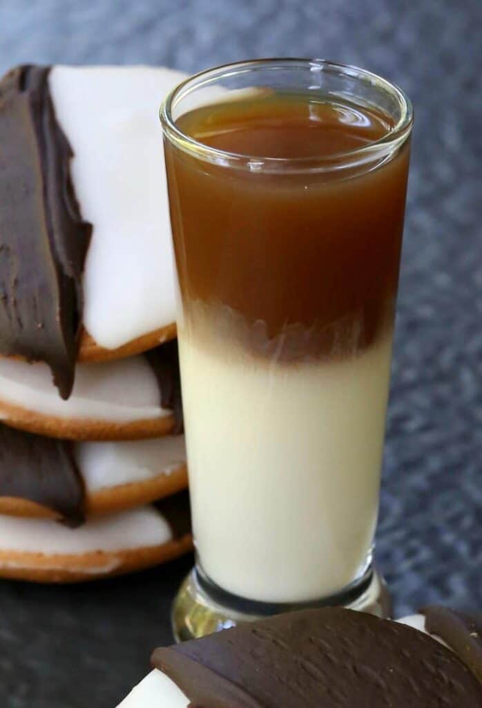 Black and White Cookie Shots are a dessert shot recipe with rumchata, vodka and chocolate 