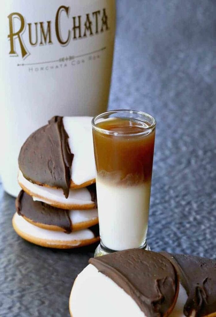 Black and White Cookie Shots are a dessert shot recipe with Rumchata and chocolate
