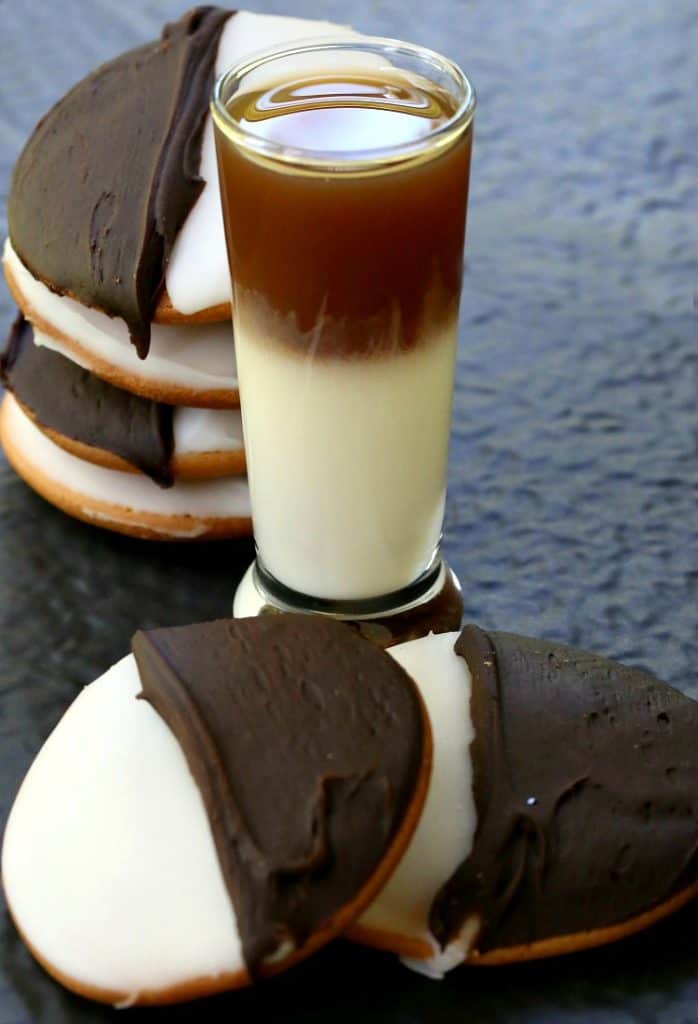 Black and White Cookie Shots are a layered dessert shot with Rumchata