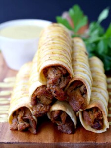 These Honey Mustard Pulled Pork Taquitos are baked, not fried!