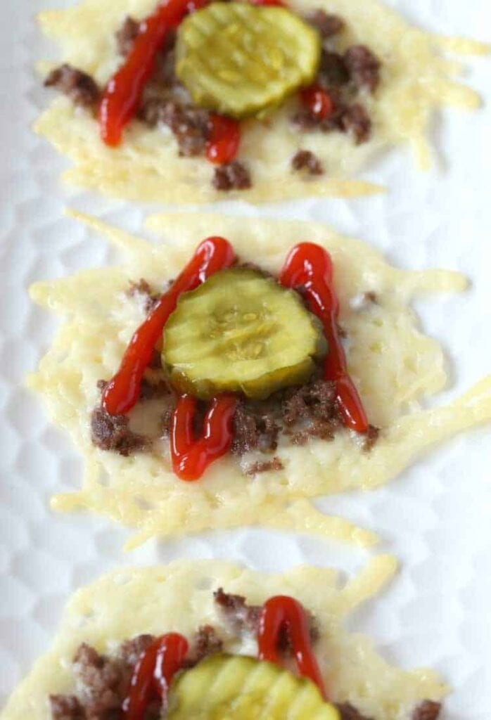 These Low Carb Hamburger Cheese Crisps on a platter