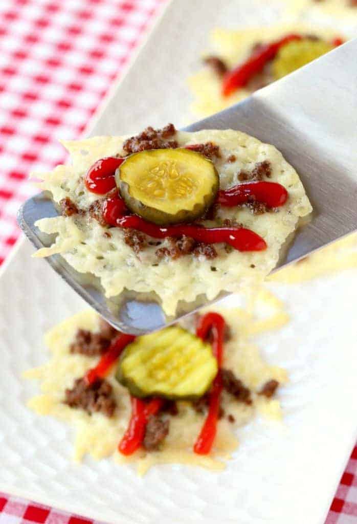 Low Carb Hamburger Cheese Crisps on a spatula