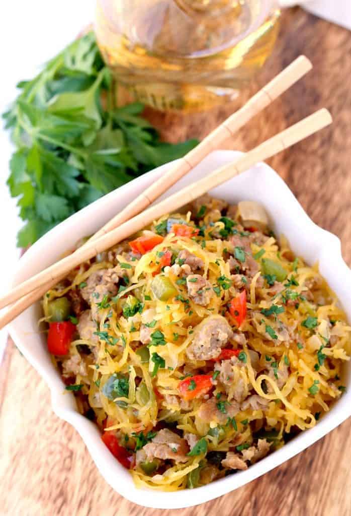 Sausage and Pepper Spaghetti Squash Stir Fry is a spaghetti squash recipe with sausage and peppers