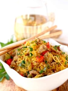 You can sub pork, chicken or beef in this Sausage and Pepper Spaghetti Squash Stir Fry, or keep it vegetarian!