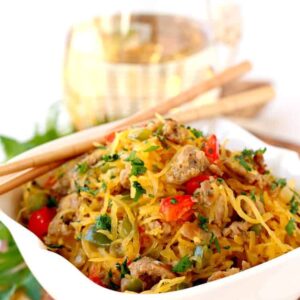 You can sub pork, chicken or beef in this Sausage and Pepper Spaghetti Squash Stir Fry, or keep it vegetarian!