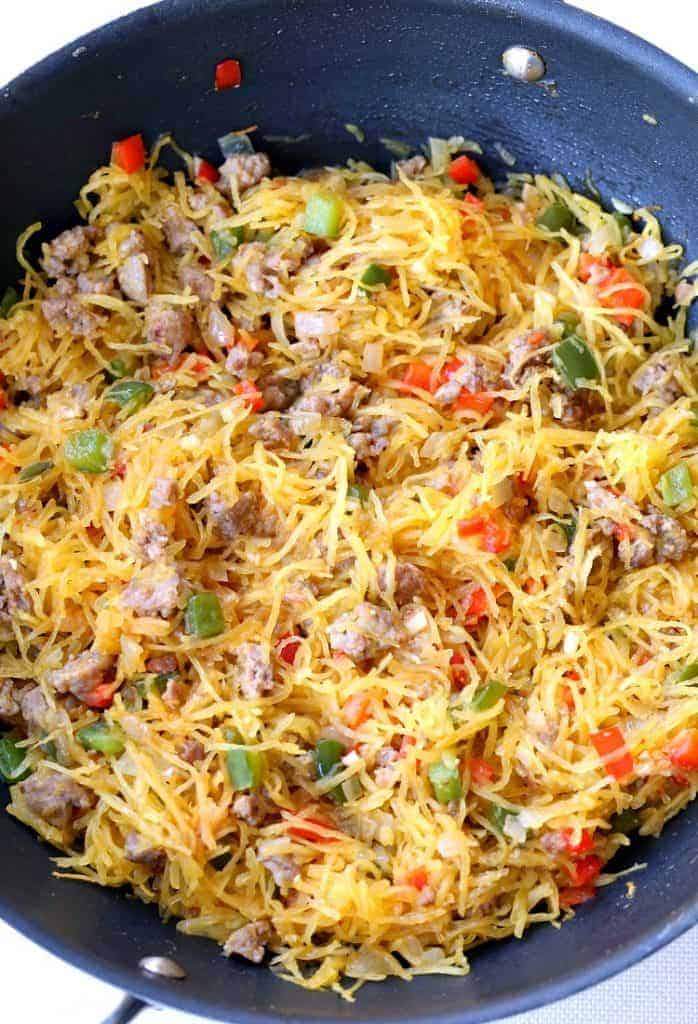 Sausage and Pepper Spaghetti Squash Stir Fry is a low carb dinner recipe with sausage and peppers