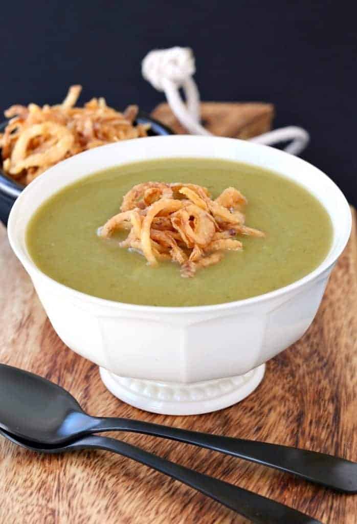 Asparagus Leek Soup on a wooden board