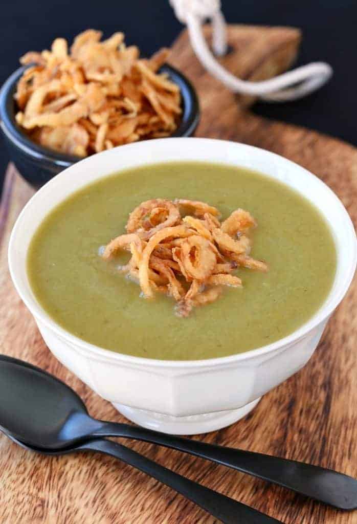 Asparagus Leek Soup in a white bowl