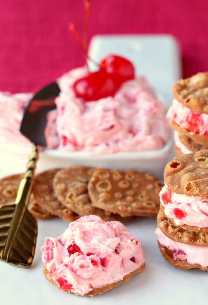 These Cherry Cannoli Sandwich Cookies are an easy dessert that can be served on valentine's day or any holiday