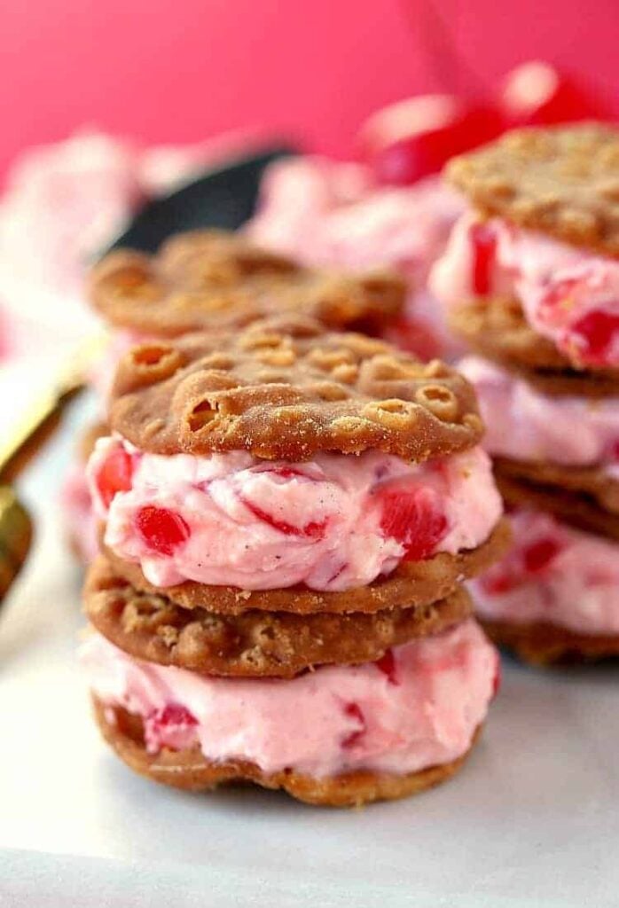 Cherry Cannoli Sandwich Cookies are an easy dessert recipe for valentine's day