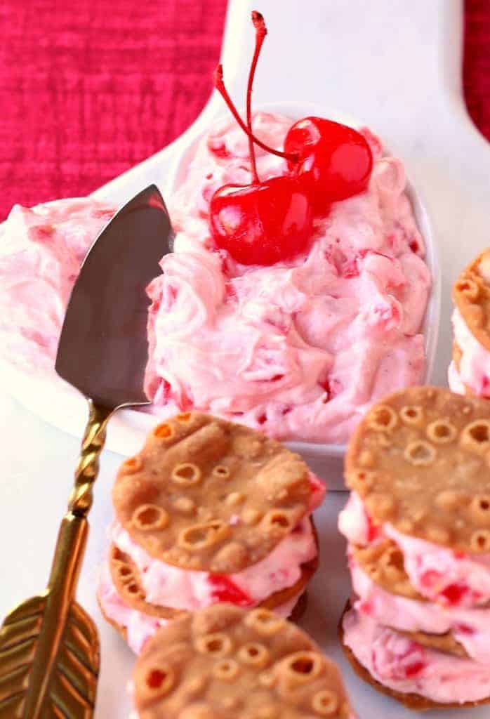 Cherry Cannoli Sandwich Cookies are a no bake Valentine's Day dessert!