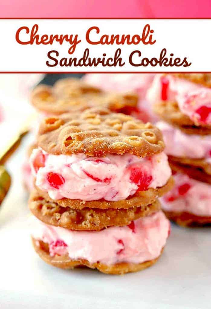 Cherry Cannoli Sandwich Cookies are an easy dessert recipe with a cherry cannoli filling