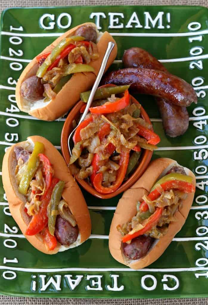 German Style Sausage and Peppers have a beer and mustard flavored topping