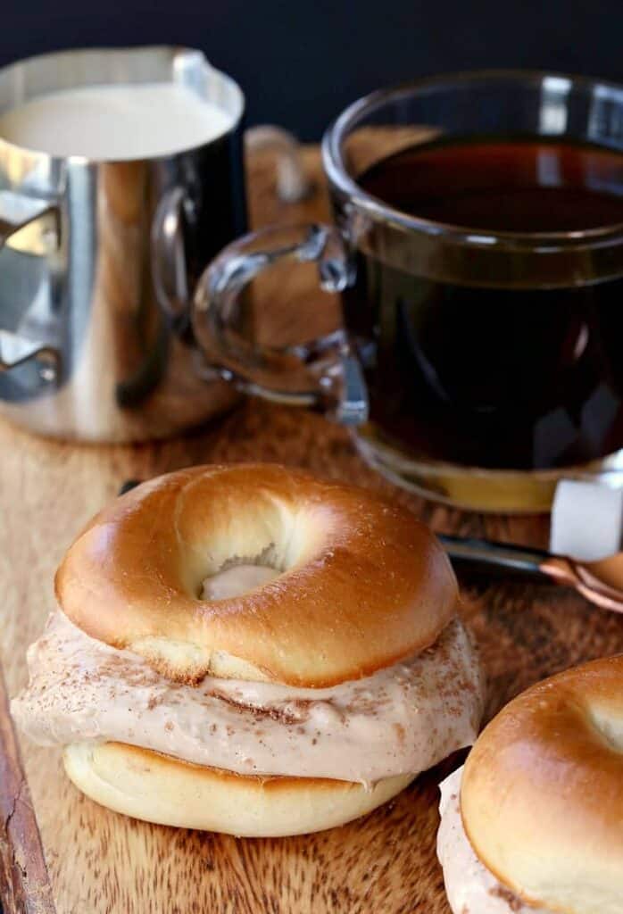 bagels with tiramisu flavored cream cheese on board