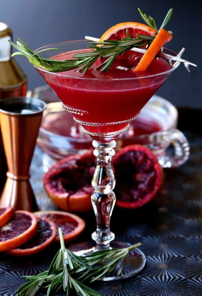 Blood Orange Rosemary Gin Martini with orange slices and shaker