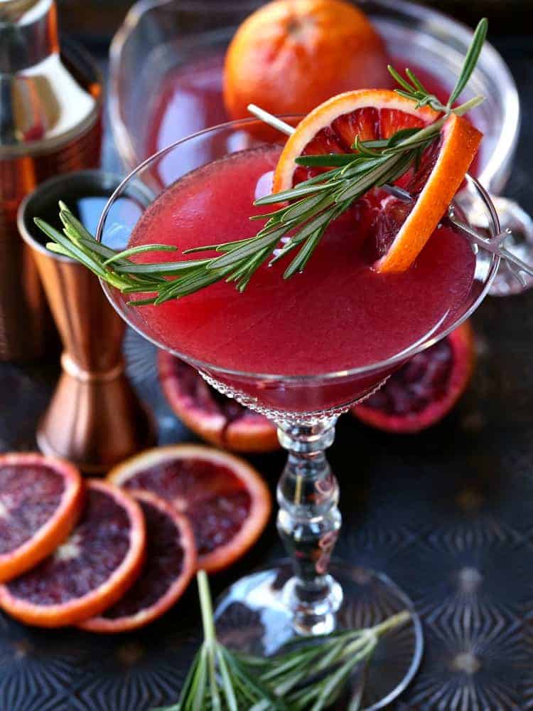 Blood Orange Rosemary Gin Martini from the top with rosemary garnish