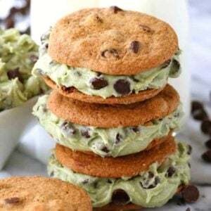 Boozy Chocolate Chip Cookie Dough Sandwiches stacked 3 high