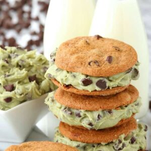 Boozy Chocolate Chip Cookie Dough Sandwiches with bottles of milk