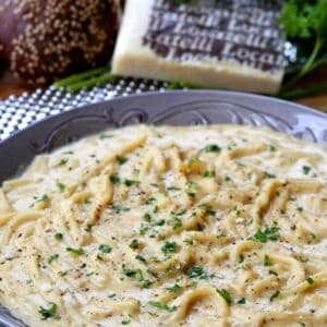 Cacio e Pepe Chowder in a bowl with parsley