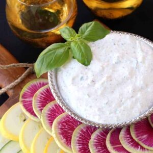 Fresh Ricotta Vegetable Dip in bowl with wine glasses