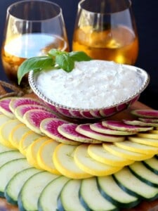 Fresh Ricotta Vegetable Dip with wine glasses