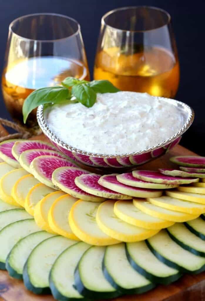 Fresh Ricotta Vegetable Dip with wine glasses