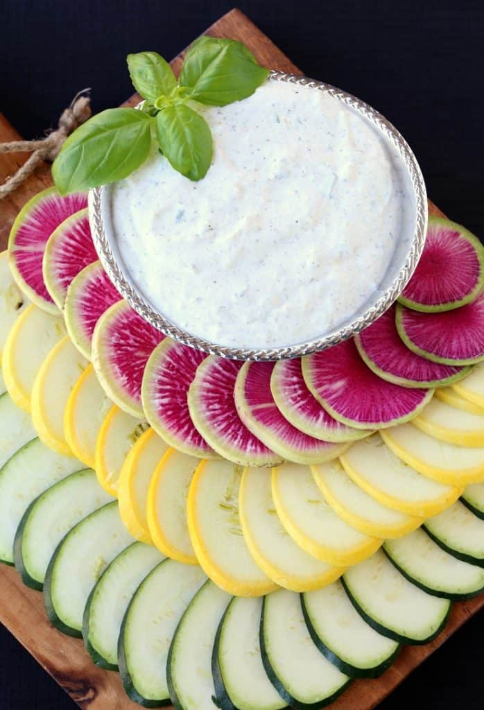 Fresh Ricotta Vegetable Dip from top with sliced vegetables