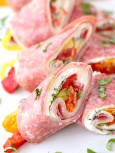 Italian Deli Roll Ups stacked on plate