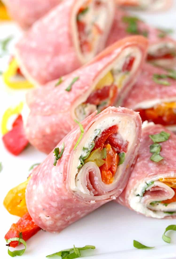 Italian Deli Roll Ups stacked on plate
