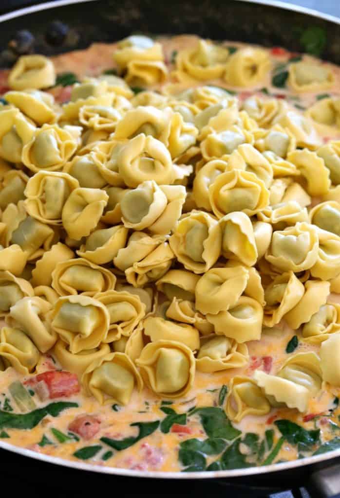 Fresh tortellini in skillet with sauce